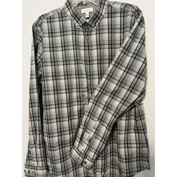 Calvin Klein Mens Plaid Button-Up Shirt Gray & Black Size L Long Sleeve - Picture 1 of 7